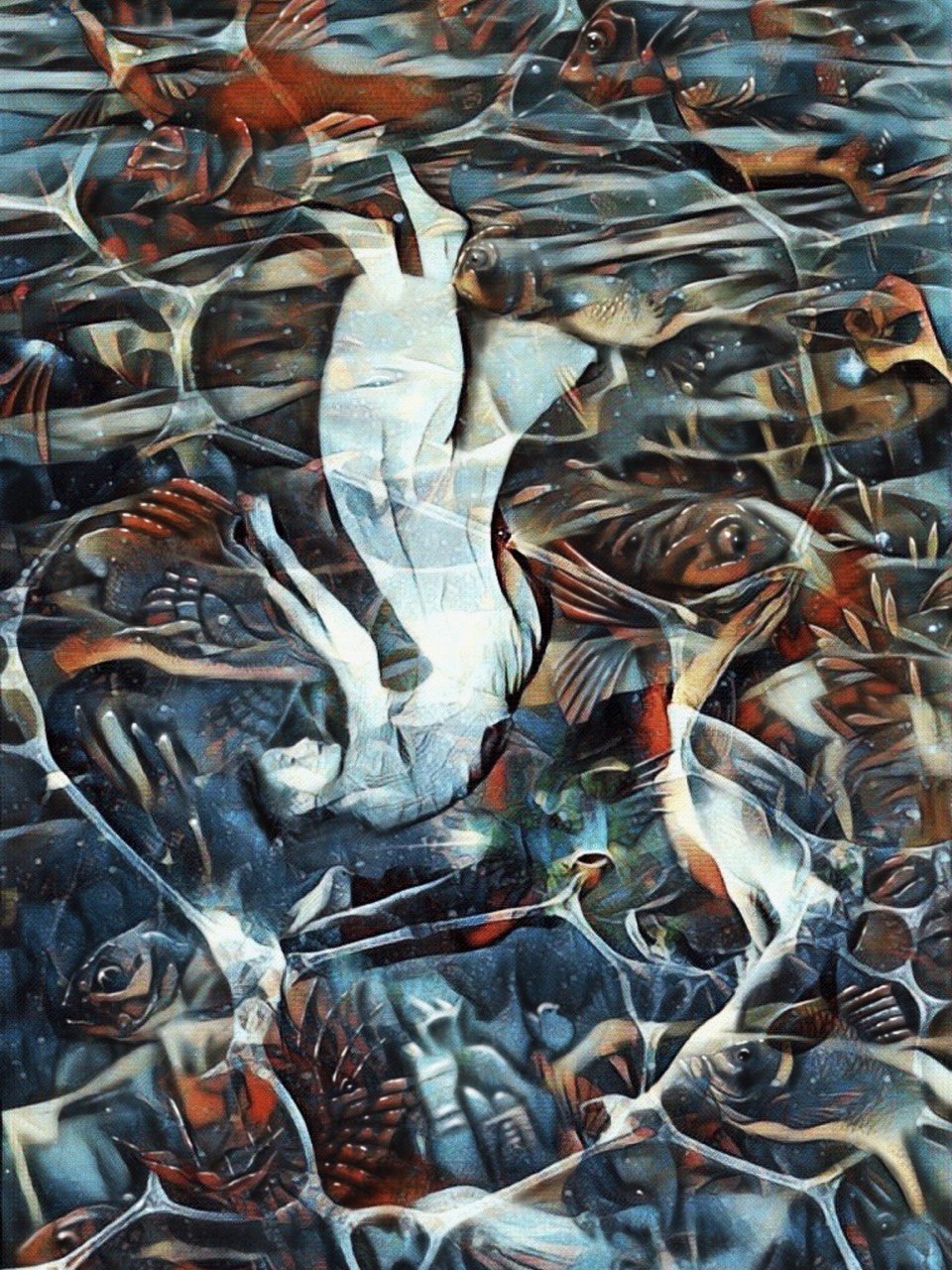 Surreales Werk von Maxim Spektor mit geschichteten Fischen, Figuren und organischen Formen in Blau- und Rottönen